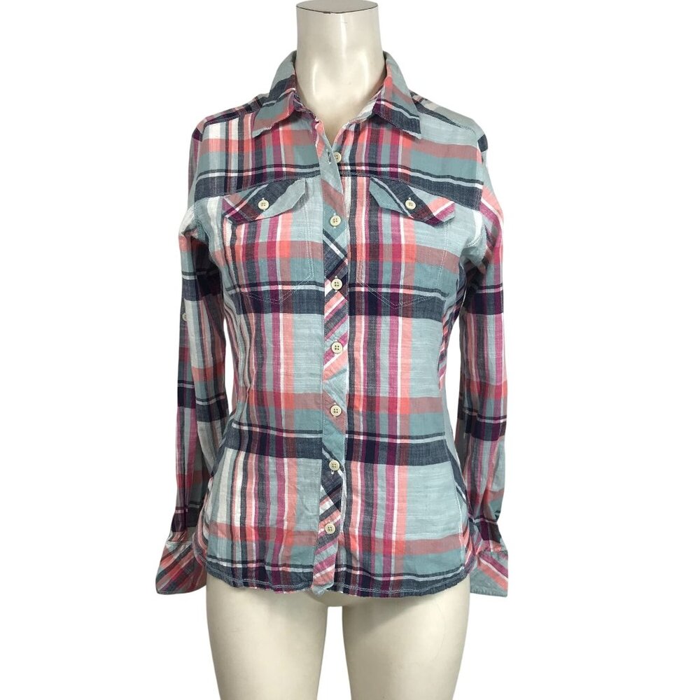 COLUMBIA -WOMEN'S SMALL -MULTICOLOR PLAID LONG SLEEVE COLLARED BUTTON UP TOP